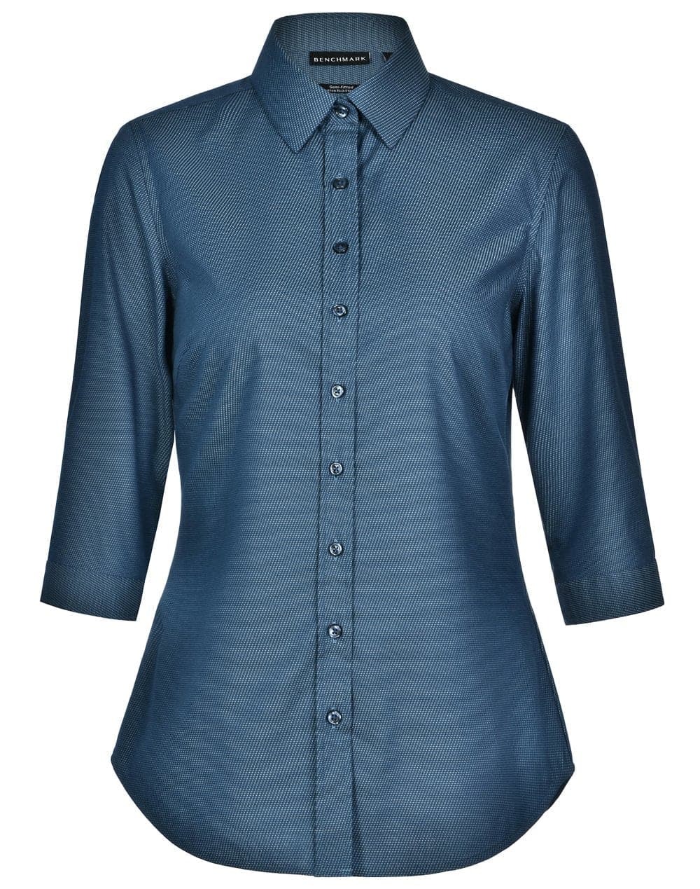 Ladies Dot Jacquard Stretch 3/4 Sleeve Ascot Shirt M8400Q Casual Wear Winning Spirit Ocean Blue 6