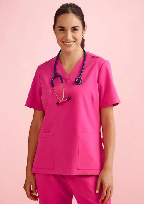 BizCare Women's V-Neck Pink Scrub Top CST245LS - City Workwear