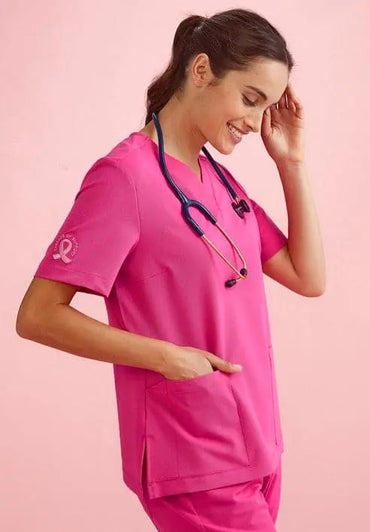 BizCare Women's V-Neck Pink Scrub Top CST245LS - City Workwear