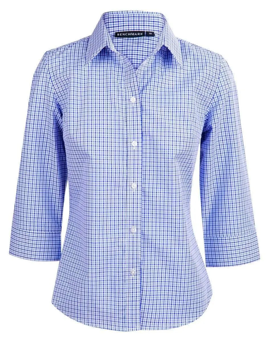 BENCHMARK Ladies’ Two Tone Gingham 3/4 Sleeve Shirt M8320Q Corporate Wear Benchmark Navy/White/Skyblue 6