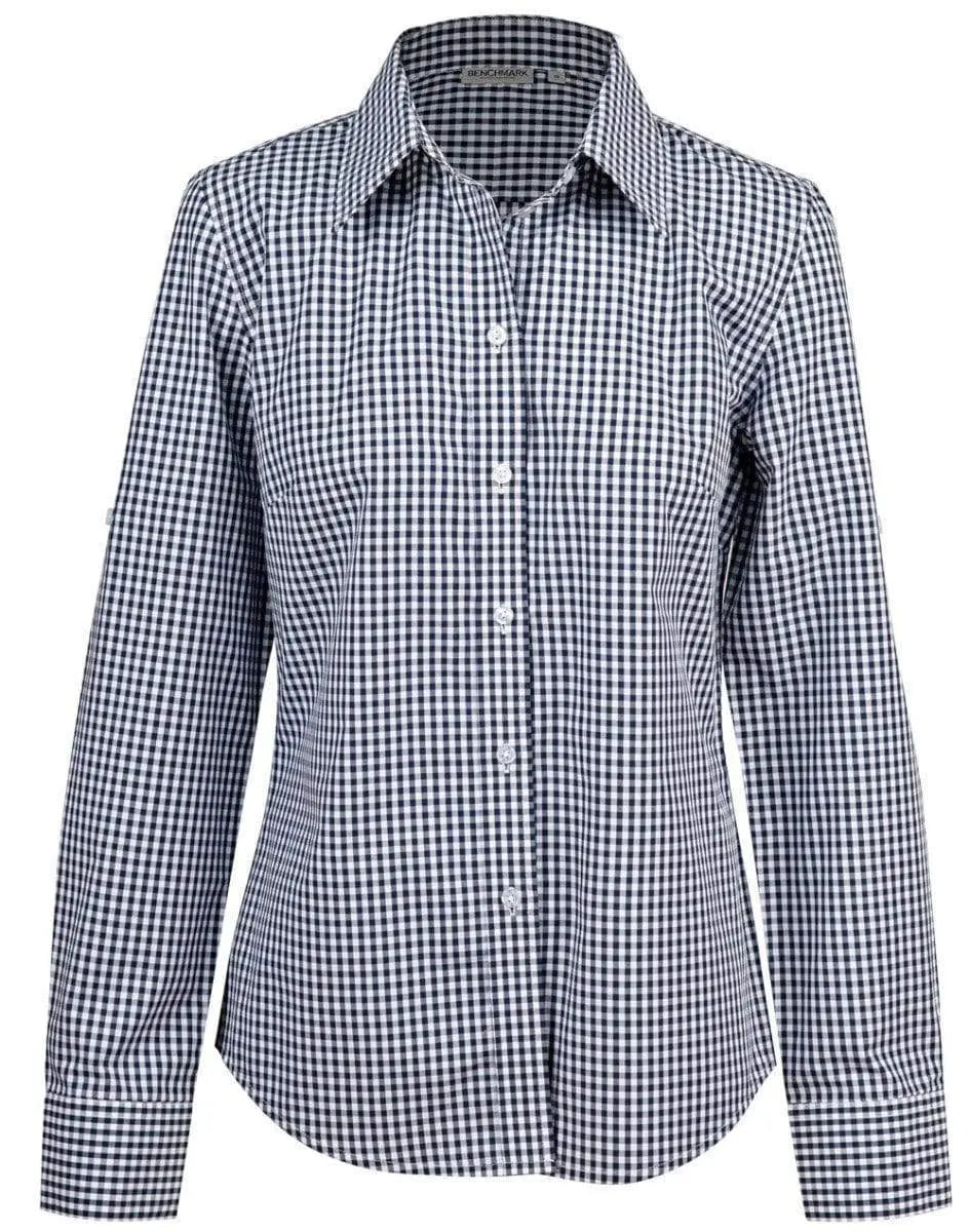 Winning Spirit Ladies’ Gingham Check Long Sleeve Shirt M8300L Corporate Wear Winning Spirit Navy/White 6