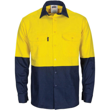 DNC Workwear Work Wear Yellow/Navy / XS DNC WORKWEAR Hi-Vis L/W Cool-Breeze T2 Vertical Vented Long Sleeve Cotton Shirt with Gusset Sleeves 3733
