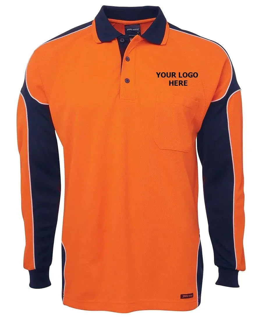 Logo Printed JB'S Hi-Vis Long Sleeve Arm Panel Polo 6AP4L x10