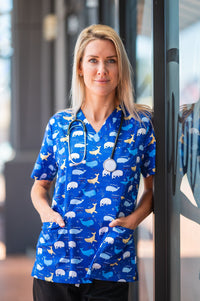 Softies Oxford Blue Whales Scrub Top BWT01 - Simply Scrubs Australia