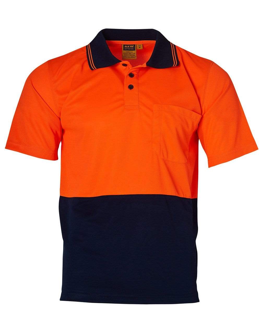 High Visibility Cooldry Short Sleeve Polo SW01CD Work Wear Australian Industrial Wear S Fluoro Orange/Navy 