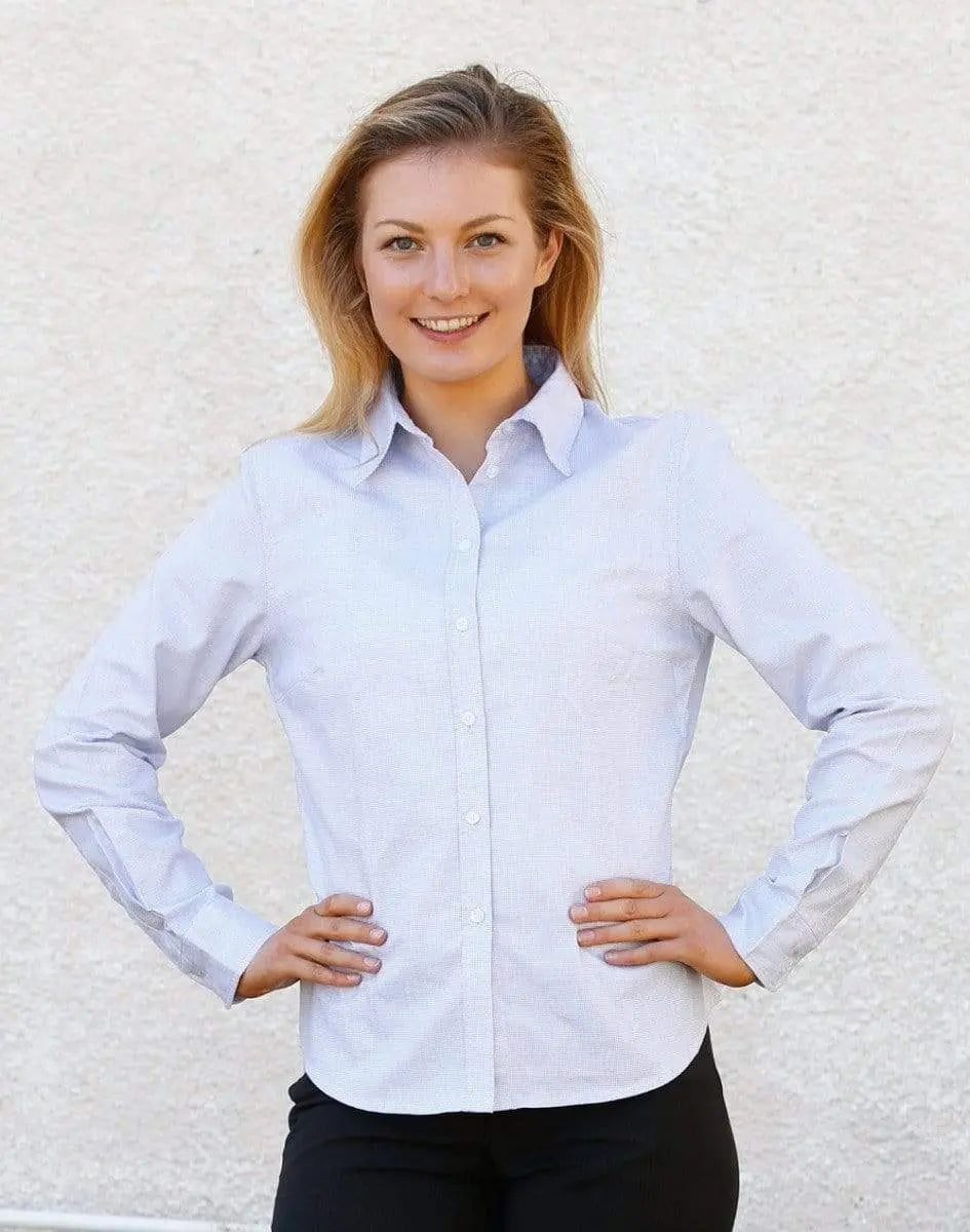 BENCHMARK Laides’ Dot Contrast Long Sleeve Shirt- white blue dot M8922 Metro Workwear.