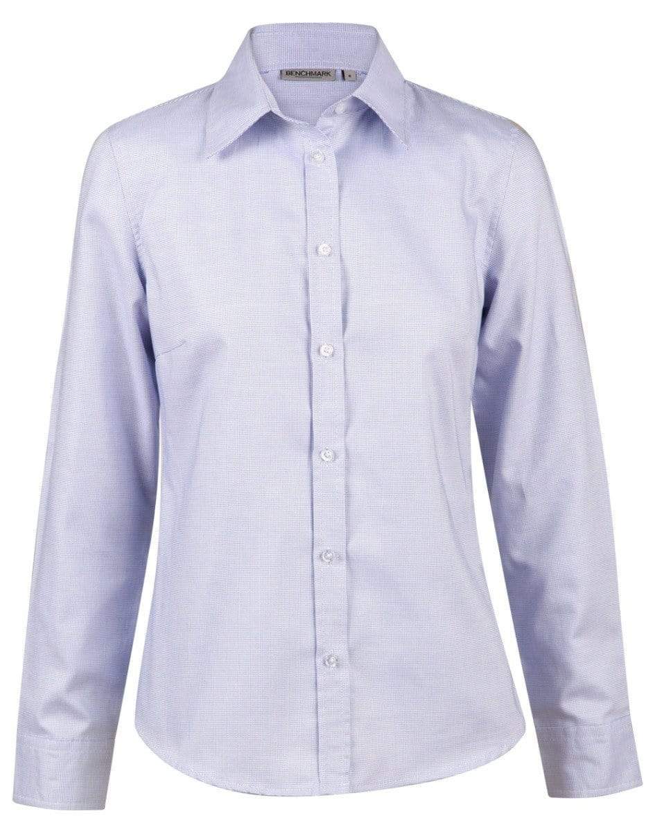 BENCHMARK Laides’ Dot Contrast Long Sleeve Shirt- white blue dot M8922 Metro Workwear.