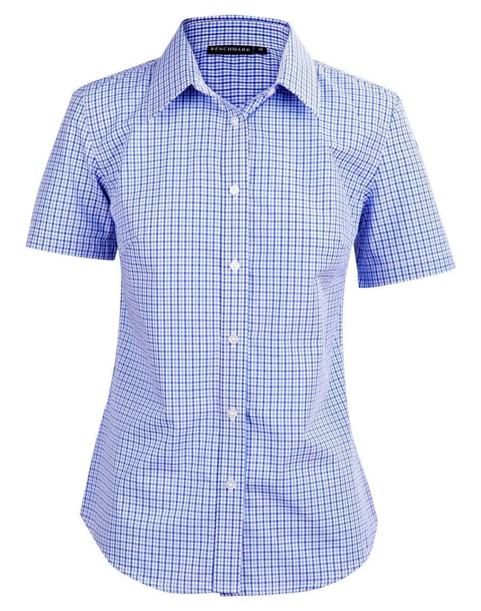 Winning Spirit Ladies’ Two Tone Gingham Short Sleeve Shirt M8320 Corporate Wear Winning Spirit Navy/White/Skyblue 6 