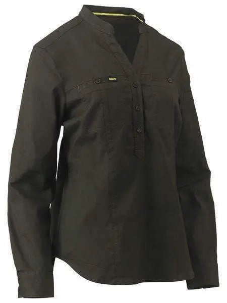 Bisley Workwear Work Wear Olive / 6 Bisley WOMENS STRETCH V-NECK CLOSED FRONT SHIRT BLC6063