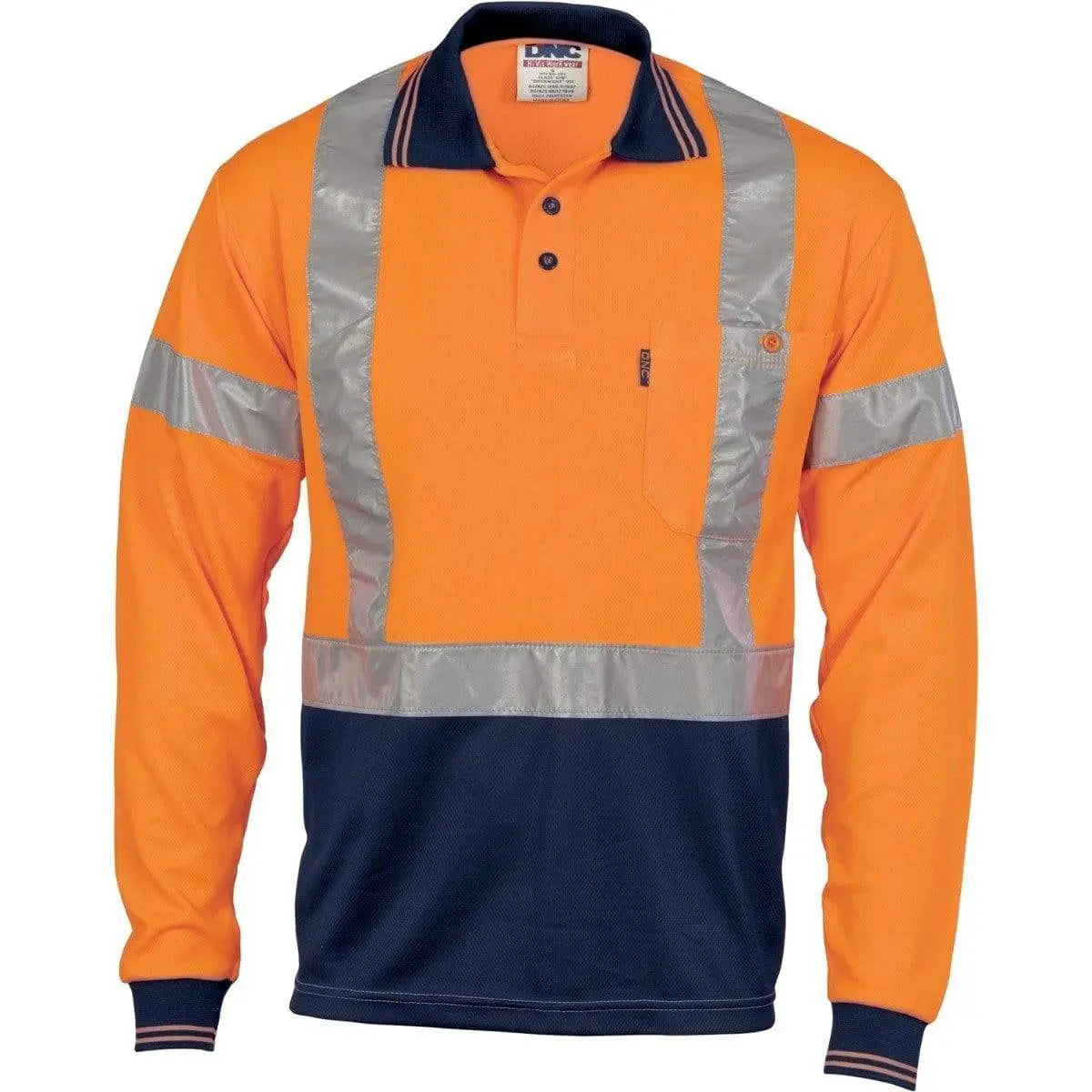 DNC Workwear Work Wear Orange/Navy / XS DNC WORKWEAR Hi-Vis D/N Cool-Breathe Long Sleeve Polo Shirt with Cross-Back R/Tape 3914